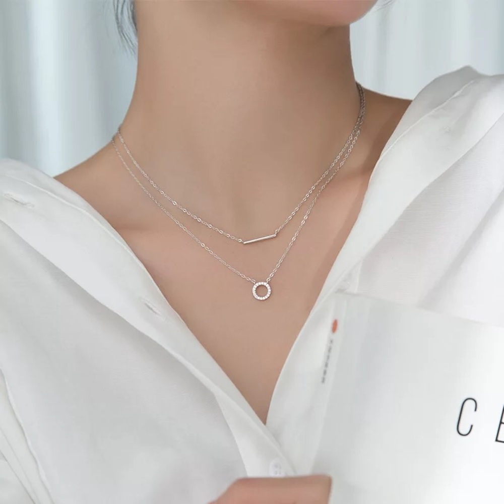 New Double Layer Sterling Silver 925 Circle & Bar adjustable Necklace